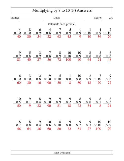 The Multiplying (1 to 10) by 8 to 10 (50 Questions) (F) Math Worksheet Page 2