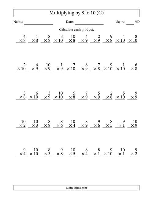 The Multiplying (1 to 10) by 8 to 10 (50 Questions) (G) Math Worksheet