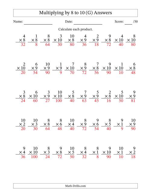 The Multiplying (1 to 10) by 8 to 10 (50 Questions) (G) Math Worksheet Page 2