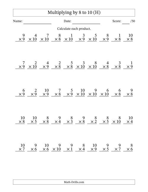 The Multiplying (1 to 10) by 8 to 10 (50 Questions) (H) Math Worksheet
