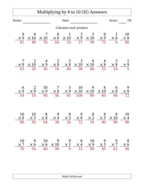 The Multiplying (1 to 10) by 8 to 10 (50 Questions) (H) Math Worksheet Page 2