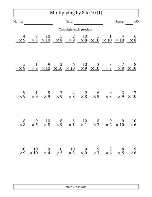 The Multiplying (1 to 10) by 8 to 10 (50 Questions) (I) Math Worksheet