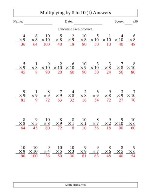 The Multiplying (1 to 10) by 8 to 10 (50 Questions) (I) Math Worksheet Page 2