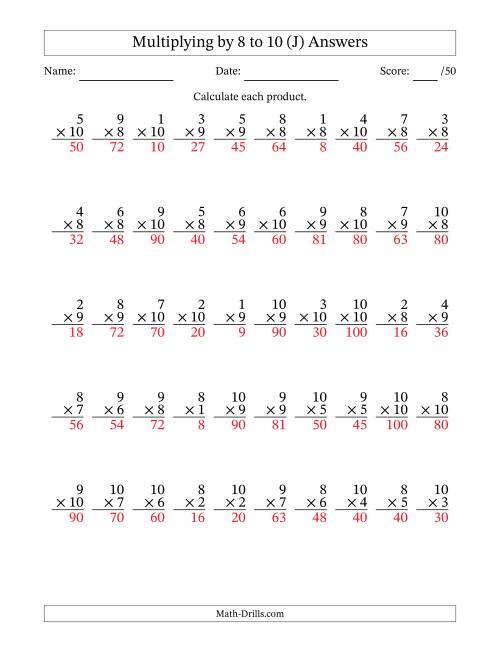 The Multiplying (1 to 10) by 8 to 10 (50 Questions) (J) Math Worksheet Page 2
