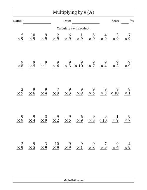 The Multiplying (1 to 10) by 9 (50 Questions) (A) Math Worksheet