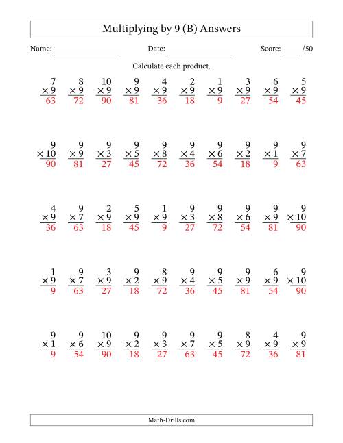 The Multiplying (1 to 10) by 9 (50 Questions) (B) Math Worksheet Page 2