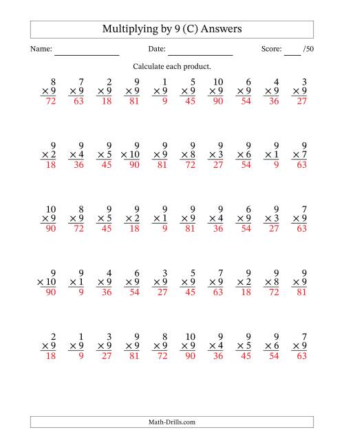 The Multiplying (1 to 10) by 9 (50 Questions) (C) Math Worksheet Page 2
