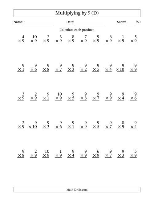 The Multiplying (1 to 10) by 9 (50 Questions) (D) Math Worksheet