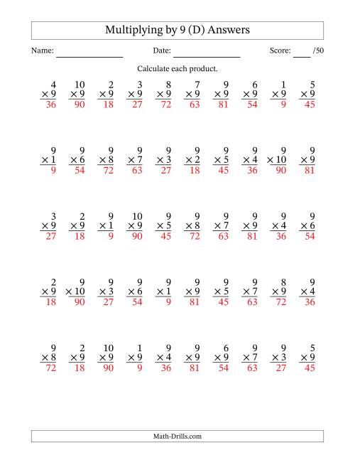 The Multiplying (1 to 10) by 9 (50 Questions) (D) Math Worksheet Page 2