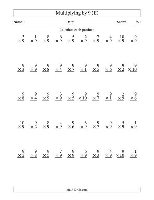 The Multiplying (1 to 10) by 9 (50 Questions) (E) Math Worksheet