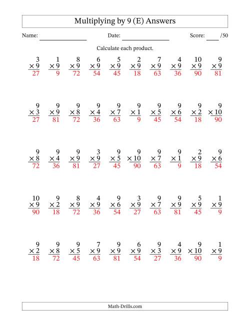 The Multiplying (1 to 10) by 9 (50 Questions) (E) Math Worksheet Page 2