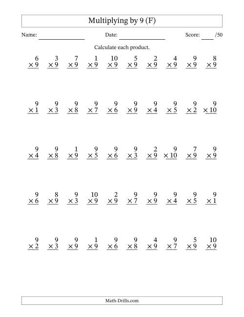 The Multiplying (1 to 10) by 9 (50 Questions) (F) Math Worksheet