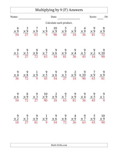 The Multiplying (1 to 10) by 9 (50 Questions) (F) Math Worksheet Page 2