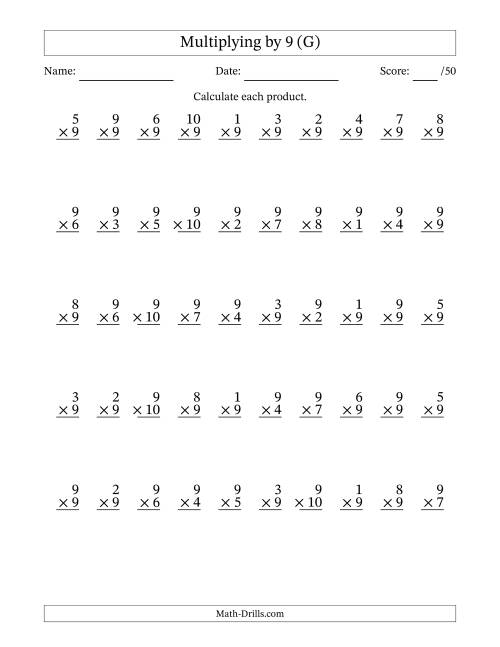 The Multiplying (1 to 10) by 9 (50 Questions) (G) Math Worksheet