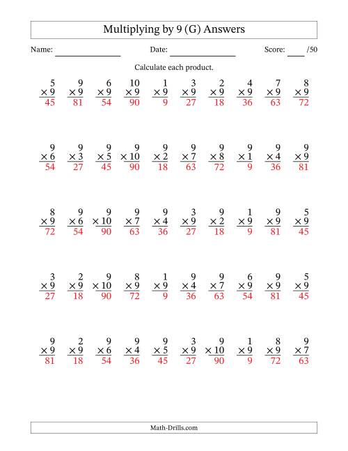 The Multiplying (1 to 10) by 9 (50 Questions) (G) Math Worksheet Page 2