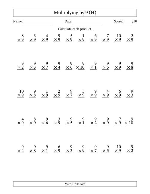 The Multiplying (1 to 10) by 9 (50 Questions) (H) Math Worksheet