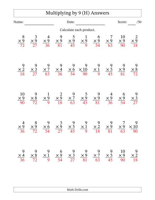 The Multiplying (1 to 10) by 9 (50 Questions) (H) Math Worksheet Page 2