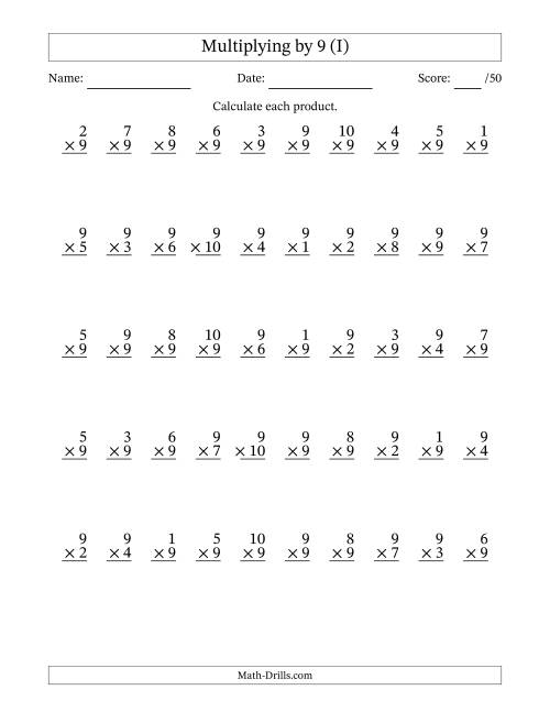 The Multiplying (1 to 10) by 9 (50 Questions) (I) Math Worksheet