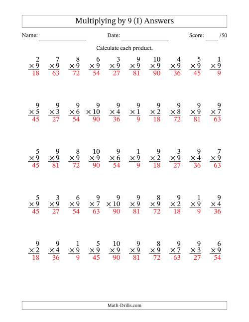 The Multiplying (1 to 10) by 9 (50 Questions) (I) Math Worksheet Page 2