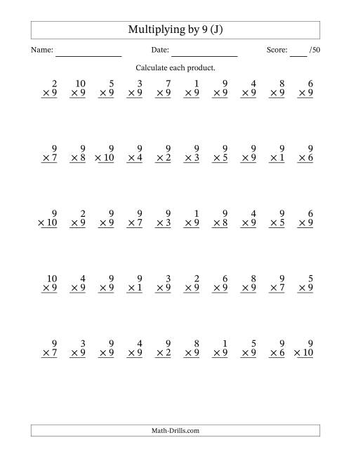 The Multiplying (1 to 10) by 9 (50 Questions) (J) Math Worksheet