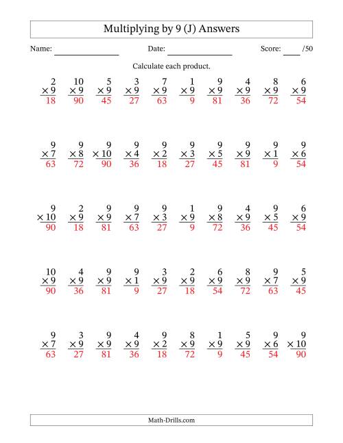 The Multiplying (1 to 10) by 9 (50 Questions) (J) Math Worksheet Page 2