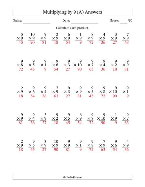 The Multiplying (1 to 10) by 9 (50 Questions) (All) Math Worksheet Page 2