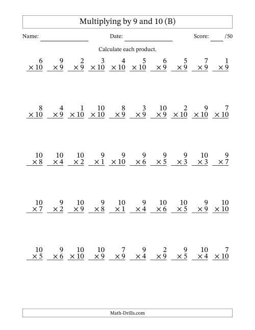 The Multiplying (1 to 10) by 9 and 10 (50 Questions) (B) Math Worksheet