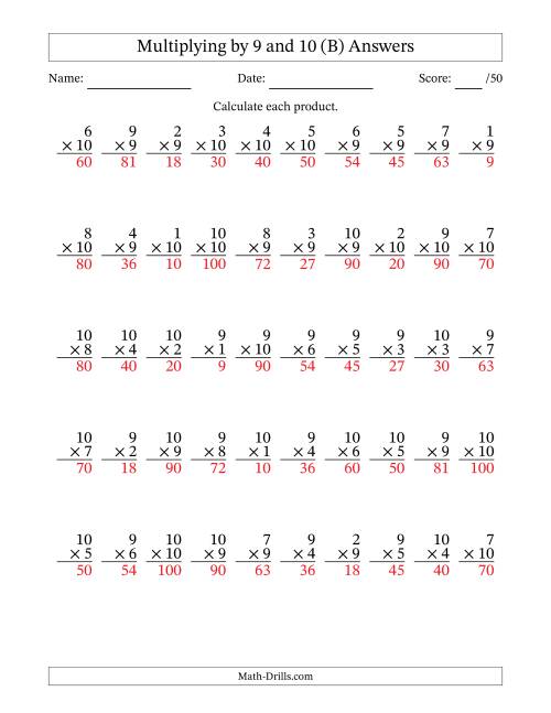 The Multiplying (1 to 10) by 9 and 10 (50 Questions) (B) Math Worksheet Page 2