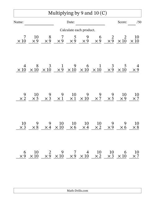 The Multiplying (1 to 10) by 9 and 10 (50 Questions) (C) Math Worksheet