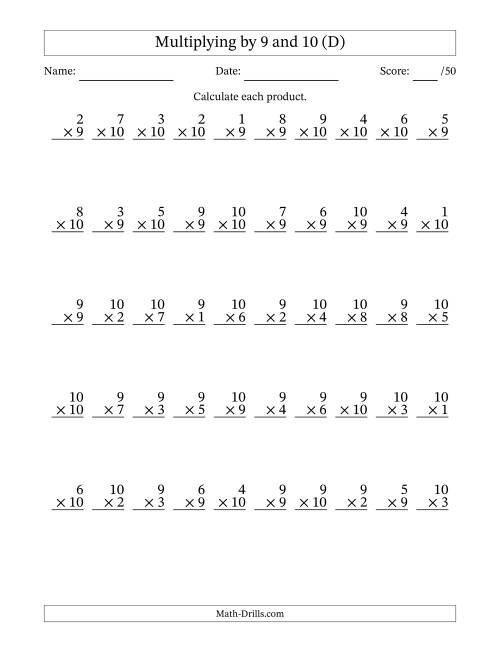 The Multiplying (1 to 10) by 9 and 10 (50 Questions) (D) Math Worksheet