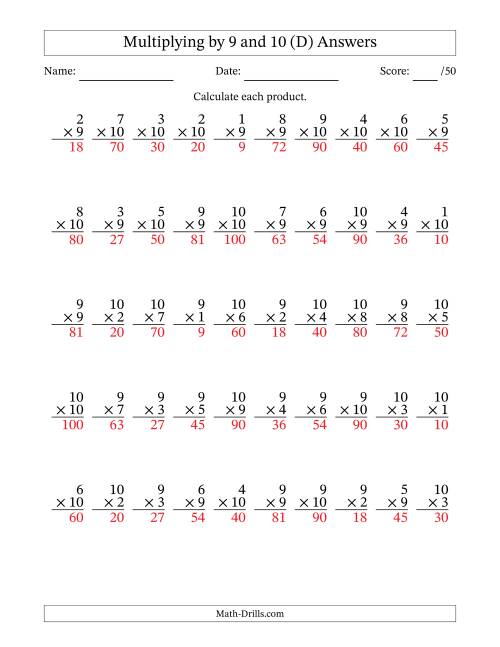 The Multiplying (1 to 10) by 9 and 10 (50 Questions) (D) Math Worksheet Page 2
