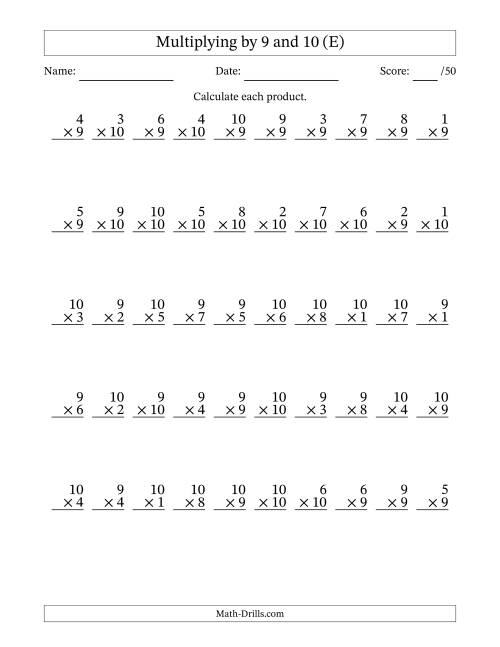 The Multiplying (1 to 10) by 9 and 10 (50 Questions) (E) Math Worksheet