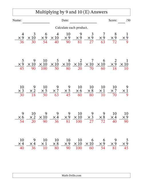 The Multiplying (1 to 10) by 9 and 10 (50 Questions) (E) Math Worksheet Page 2