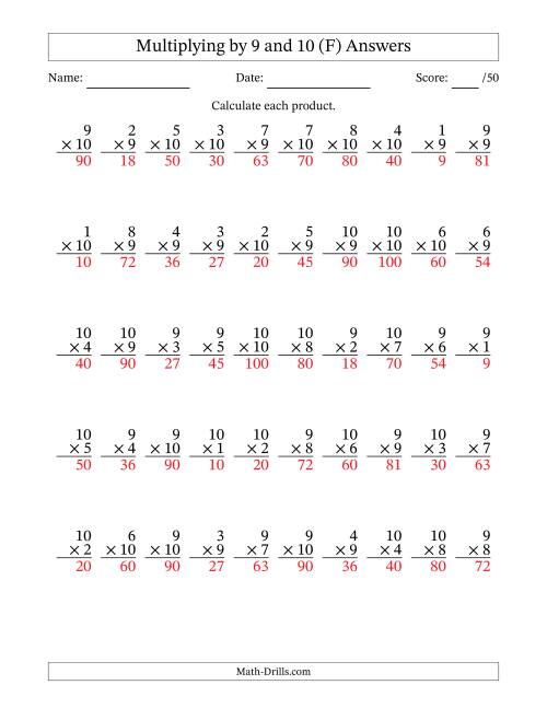 The Multiplying (1 to 10) by 9 and 10 (50 Questions) (F) Math Worksheet Page 2