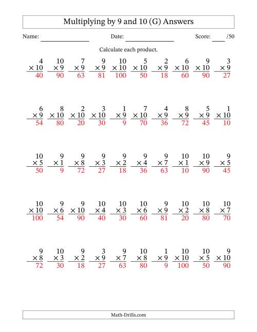 The Multiplying (1 to 10) by 9 and 10 (50 Questions) (G) Math Worksheet Page 2