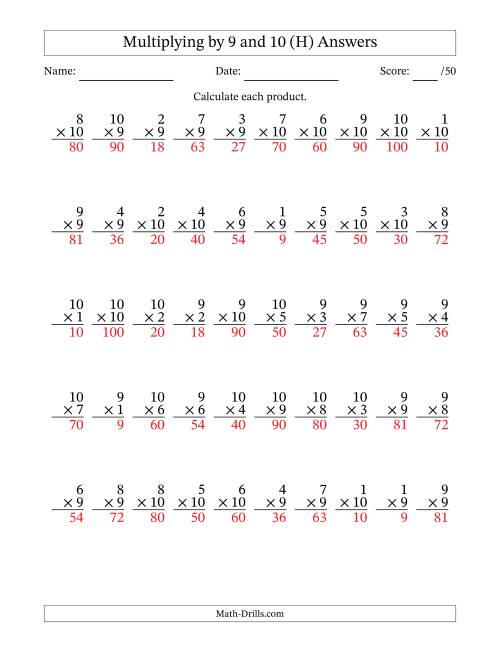 The Multiplying (1 to 10) by 9 and 10 (50 Questions) (H) Math Worksheet Page 2