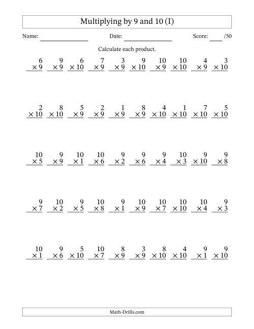 The Multiplying (1 to 10) by 9 and 10 (50 Questions) (I) Math Worksheet