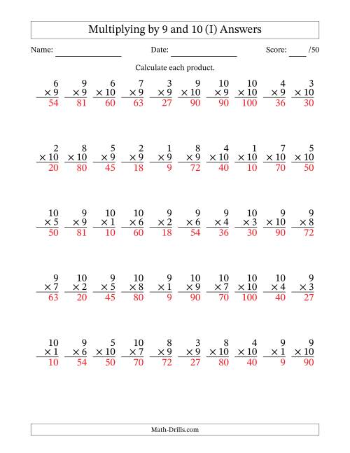 The Multiplying (1 to 10) by 9 and 10 (50 Questions) (I) Math Worksheet Page 2