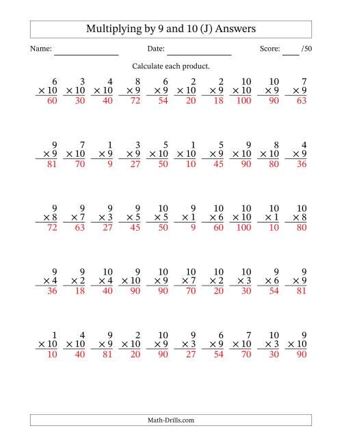 The Multiplying (1 to 10) by 9 and 10 (50 Questions) (J) Math Worksheet Page 2