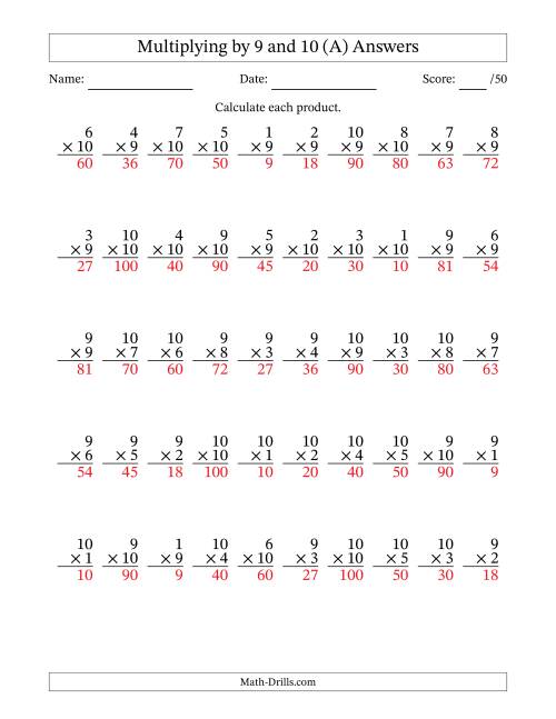 The Multiplying (1 to 10) by 9 and 10 (50 Questions) (All) Math Worksheet Page 2
