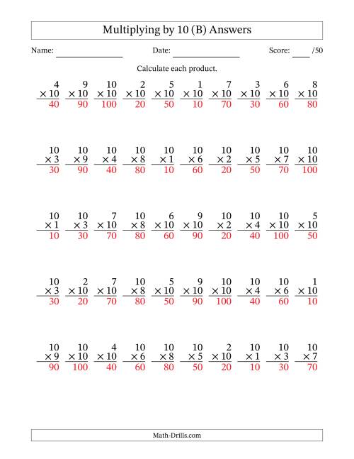 The Multiplying (1 to 10) by 10 (50 Questions) (B) Math Worksheet Page 2