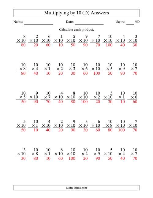 The Multiplying (1 to 10) by 10 (50 Questions) (D) Math Worksheet Page 2