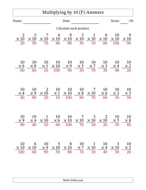 The Multiplying (1 to 10) by 10 (50 Questions) (F) Math Worksheet Page 2