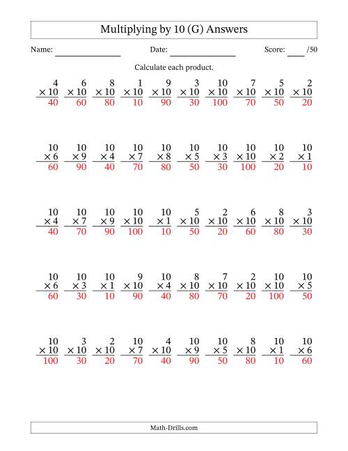 The Multiplying (1 to 10) by 10 (50 Questions) (G) Math Worksheet Page 2