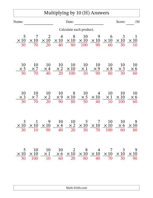 The Multiplying (1 to 10) by 10 (50 Questions) (H) Math Worksheet Page 2