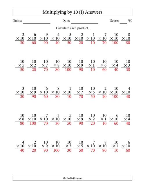 The Multiplying (1 to 10) by 10 (50 Questions) (I) Math Worksheet Page 2