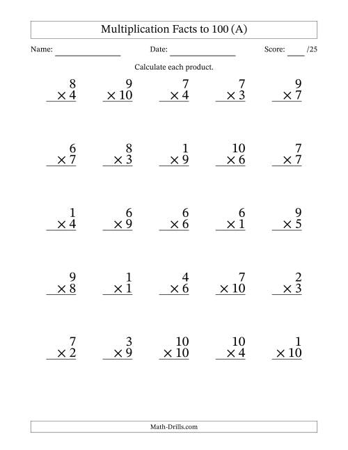 The Multiplication Facts to 100 (25 Questions) (No Zeros) (A) Math Worksheet