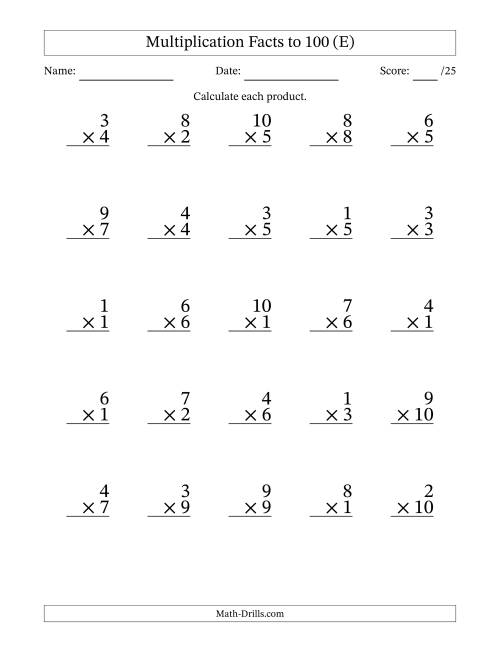 The Multiplication Facts to 100 (25 Questions) (No Zeros) (E) Math Worksheet