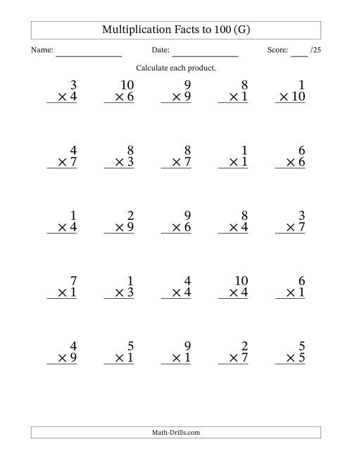 The Multiplication Facts to 100 (25 Questions) (No Zeros) (G) Math Worksheet