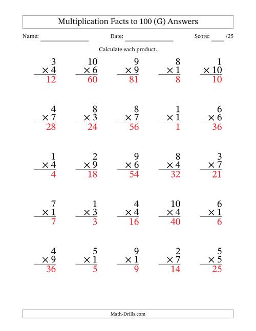 The Multiplication Facts to 100 (25 Questions) (No Zeros) (G) Math Worksheet Page 2